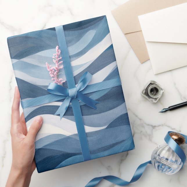 Ocean Wave Deep Blue Mist White Abstract Pattern Wrapping Paper (Gifting)