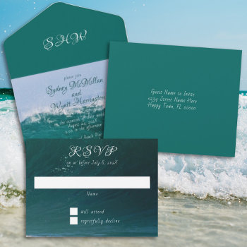 Ocean Wave Deep Sea Green Wedding All In One Invitation by sandpiperWedding at Zazzle