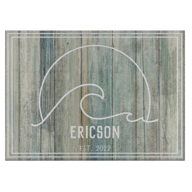 Ocean Wave on Wood Plank Texture Family Name Beach Cutting Board (Front)