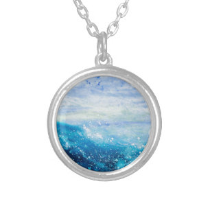 Ocean wave painting, sea foam silver plated necklace