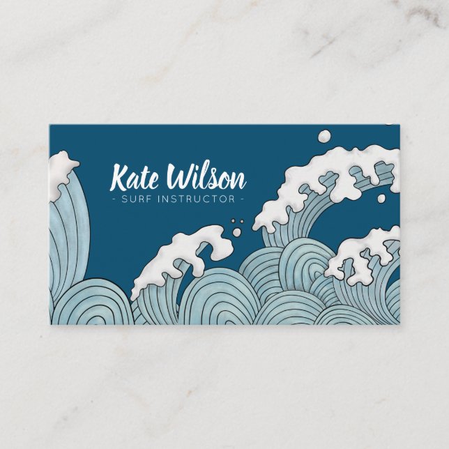 Ocean wave pattern indigo blue water sport business card (Front)