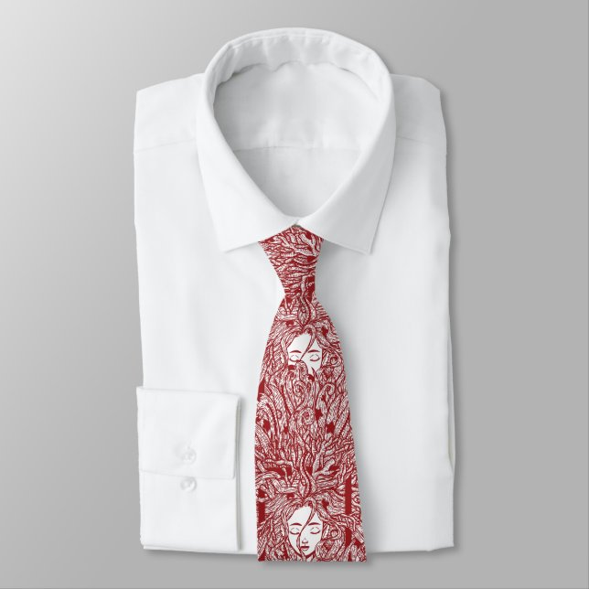 Ocean Wave Personification Lineart Illustration Neck Tie (Tied)