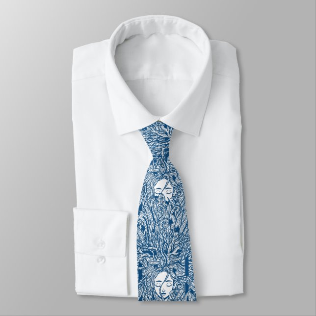 Ocean Wave Personification Lineart Illustration Neck Tie (Tied)