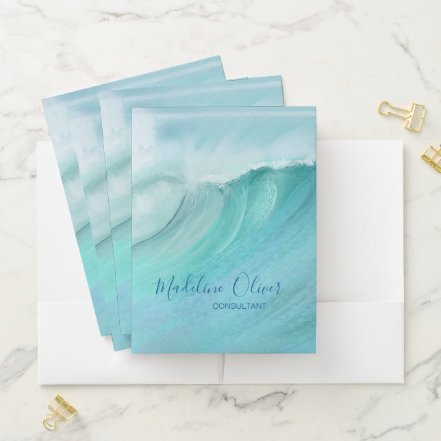 Ocean Wave Sea Travel Business Aqua Blue Modern Pocket Folder (In Situ)
