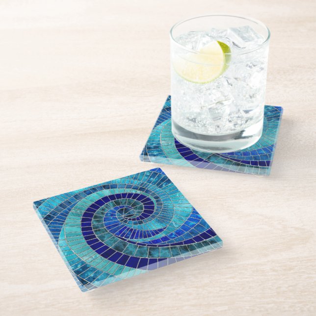 Ocean Wave Spiral mosaic art Glass Coaster (Angled)