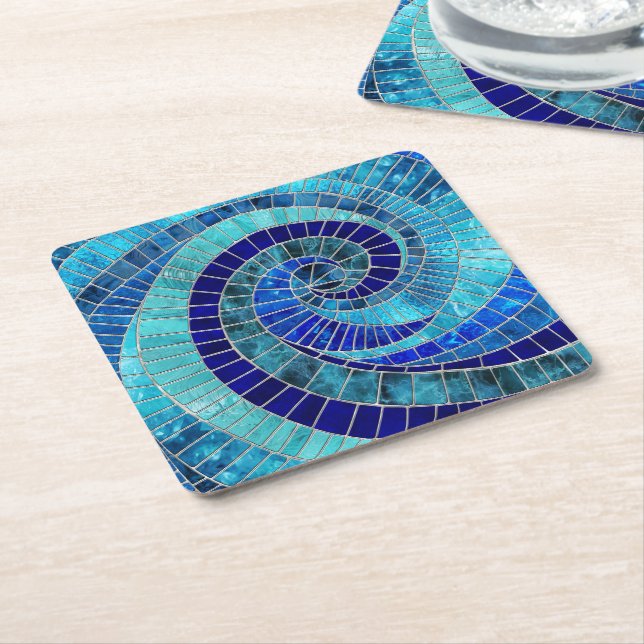 Ocean Wave Spiral mosaic art Square Paper Coaster (Angled)