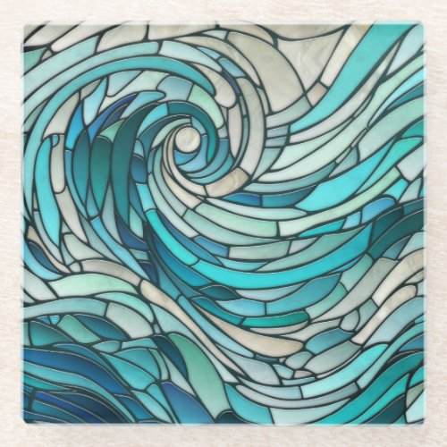 Ocean Wave Spiral Mosaic  Glass Coaster