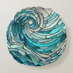 Ocean Wave Spiral Mosaic Round Pillow