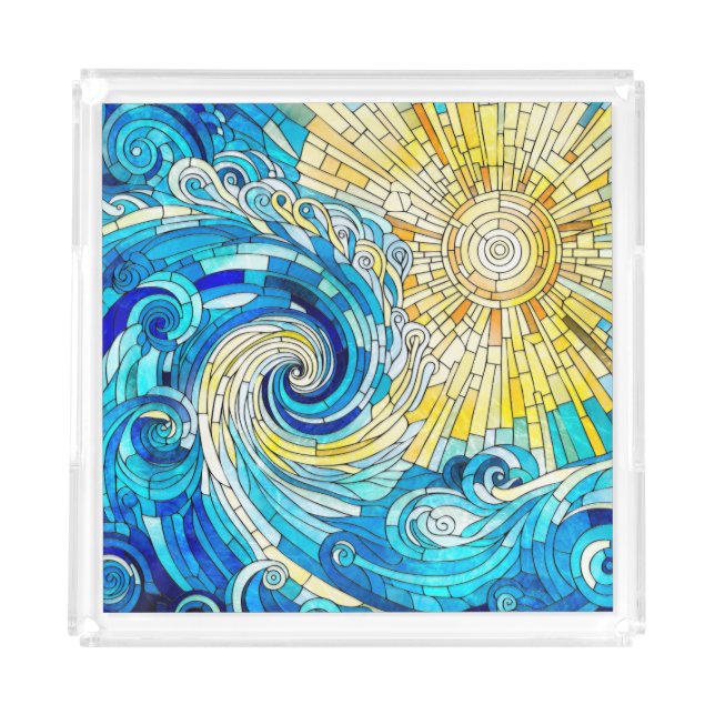 Ocean Wave Sun mosaic art Acrylic Tray (Front)