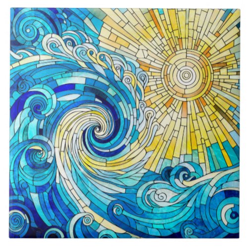Ocean Wave Sun mosaic art Ceramic Tile