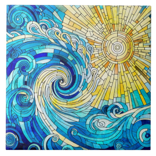 Ocean Wave Sun mosaic art Ceramic Tile (Front)