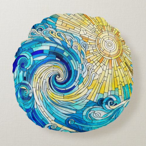 Ocean Wave Sun mosaic art Round Pillow