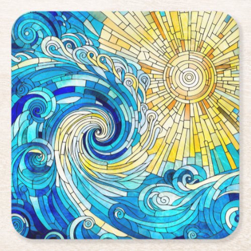 Ocean Wave Sun mosaic art Square Paper Coaster