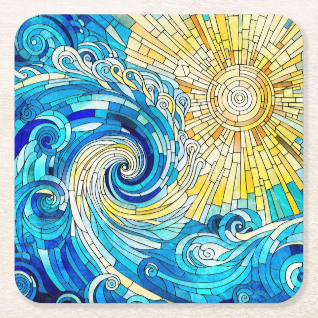 Ocean Wave Sun mosaic art Square Paper Coaster (Front)