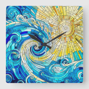 Ocean Wave Sun mosaic art Square Wall Clock