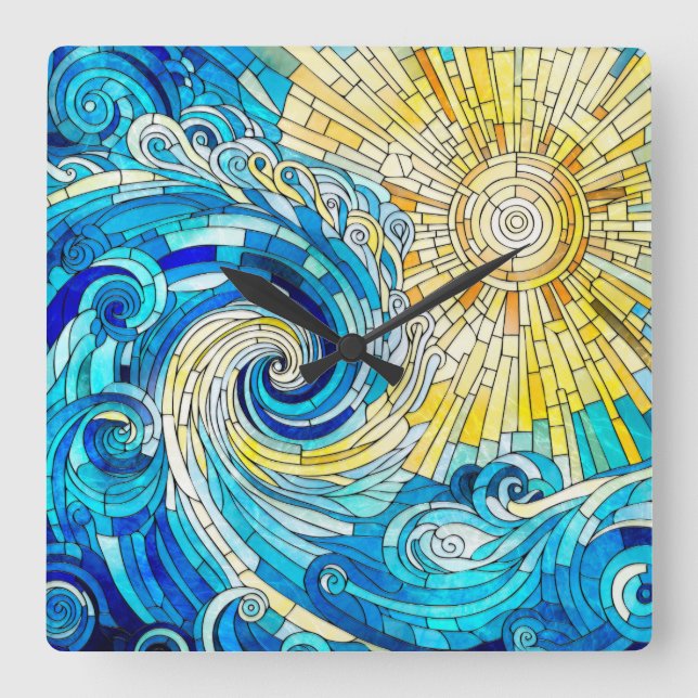 Ocean Wave Sun mosaic art Square Wall Clock (Front)