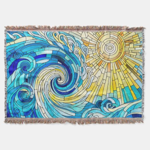 Ocean Wave Sun mosaic art Throw Blanket