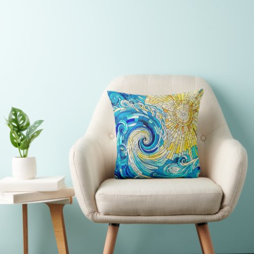 Ocean Wave Sun mosaic art Throw Pillow