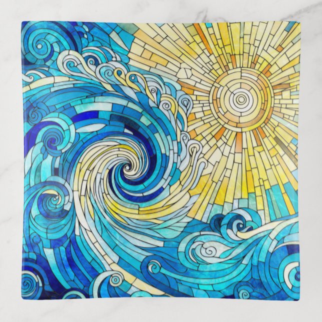 Ocean Wave Sun mosaic art Trinket Tray (Front)
