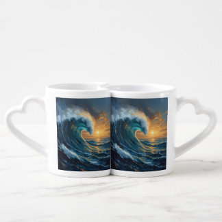 Ocean Wave Sunset Art – Abstract Sea Design  Coffee Mug Set