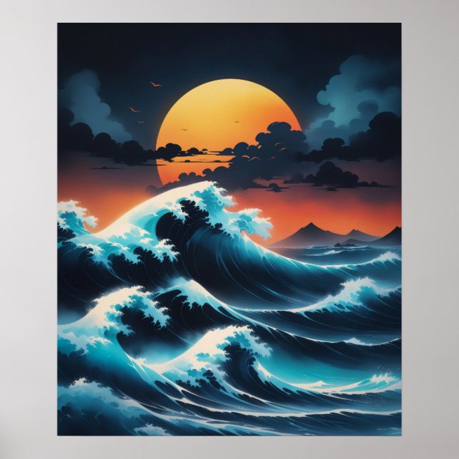 Ocean Wave Sunset Asia Style Poster (Front)