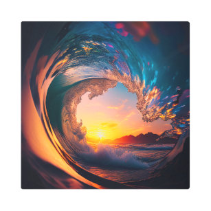 Ocean Wave Sunset from Inside Metal Print