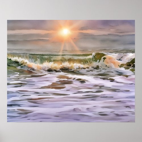 Ocean Wave Sunset Illustrated Art Poster