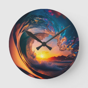 Ocean Wave Sunset Round Clock