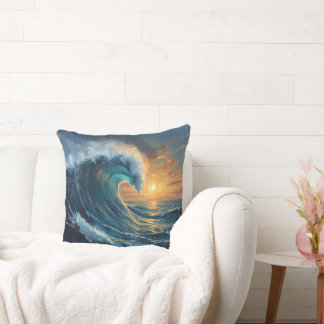 Ocean Wave Sunset Throw Pillow – Abstract Sea Art 