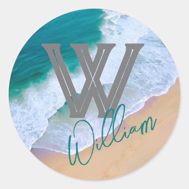ocean wave surf design monogram gift custom classic round sticker (Front)