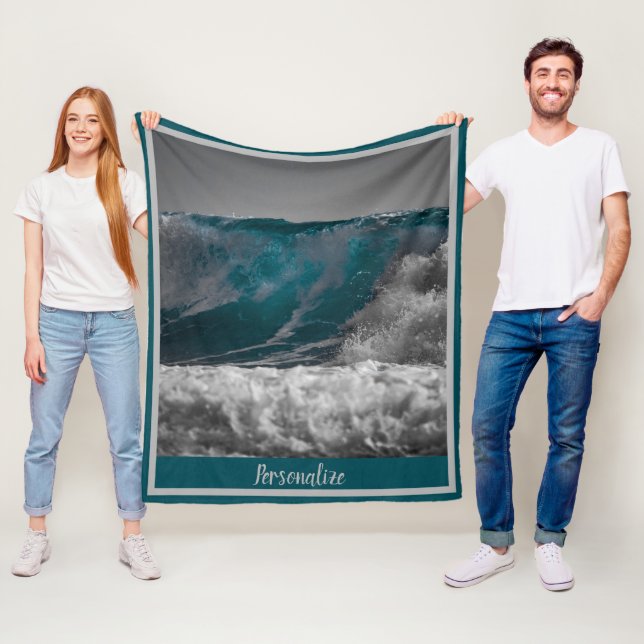 Ocean Wave Surf White Sea Caps Fleece Blanket (In Situ)