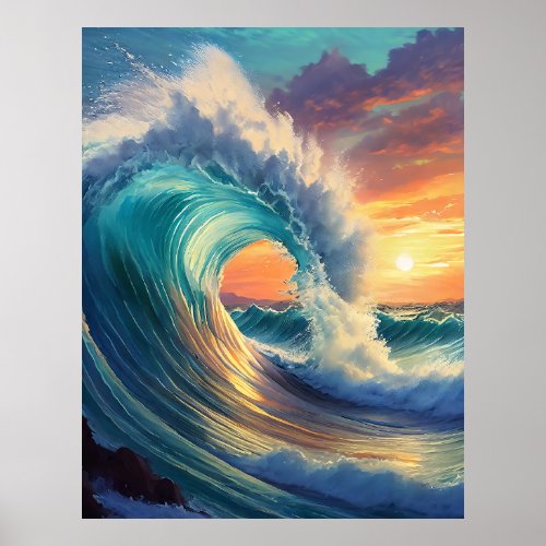 Ocean wave swirls at sunset wall art design 