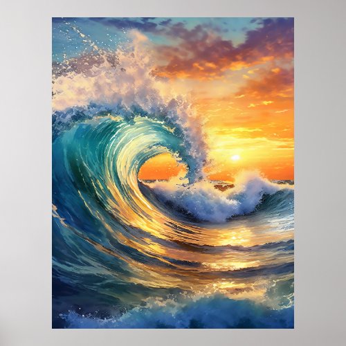 Ocean wave swirls at sunset wall art design 