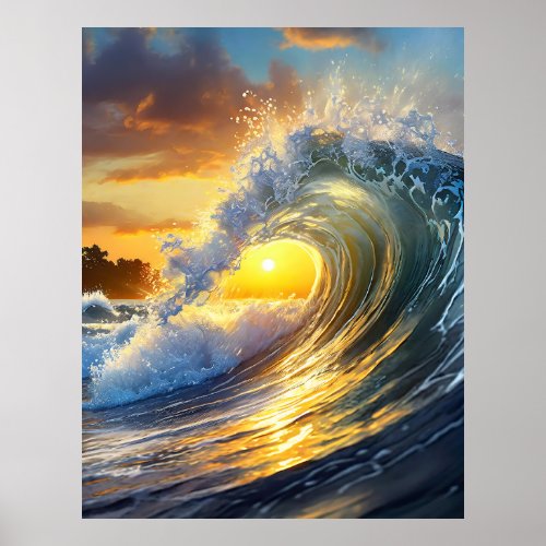 Ocean wave swirls sunset wall art design