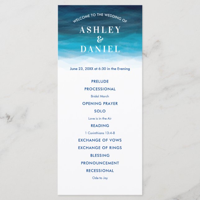 Ocean Wave Watercolor Wedding Program for Ceremony (Front)