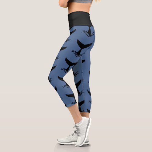 Ocean Wave Whale Tail Silhouette Capri Leggings