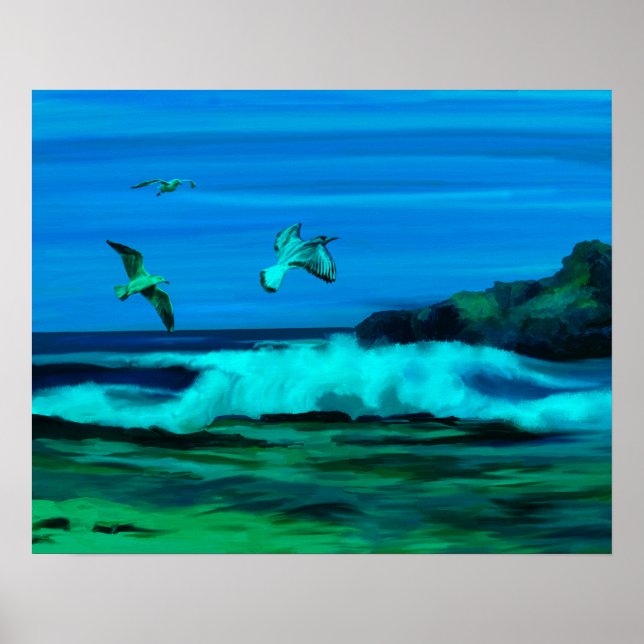 Ocean, Waves and Coastline Digital Art Painting Poster (Front)