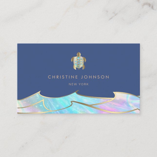 ocean waves and sea turtle logo on blue business card (Front)