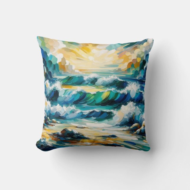 Ocean Waves And Sunrise Abstract Painted Art Throw Pillow (Front)