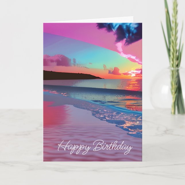 Ocean Waves and Sunset, Pink Sand, Happy Birthday Card (Front)