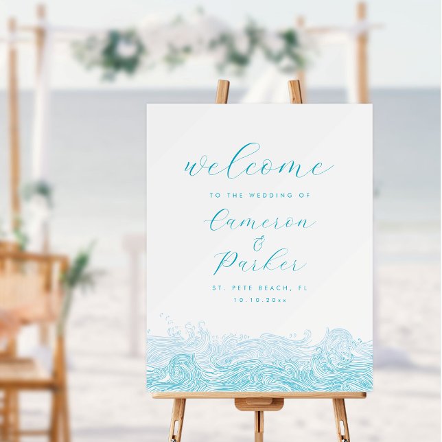 Ocean Waves Aqua Blue Beach Wedding Welcome Sign (Ocean Waves Beach Wedding Welcome Sign in elegant Aqua Blue by Concertina Press)
