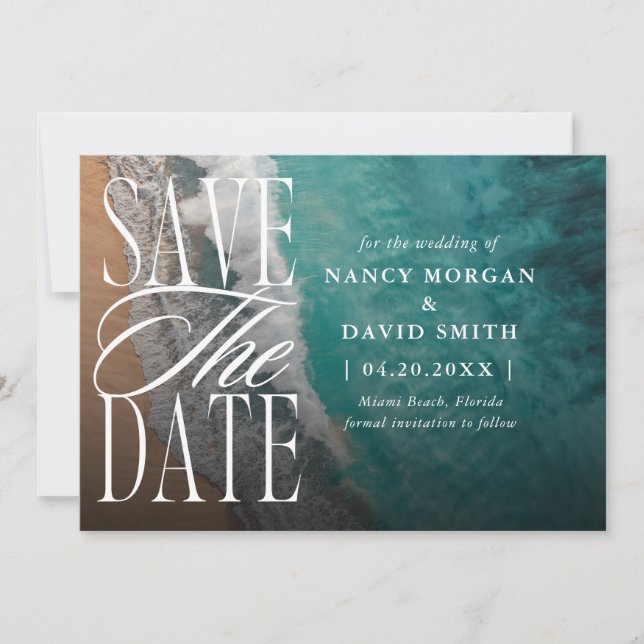 Ocean Waves Beach Destination Wedding  Save The Date (Front)