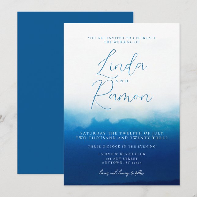 Ocean Waves Beach Nautical Blue Watercolor Wedding Invitation (Front/Back)