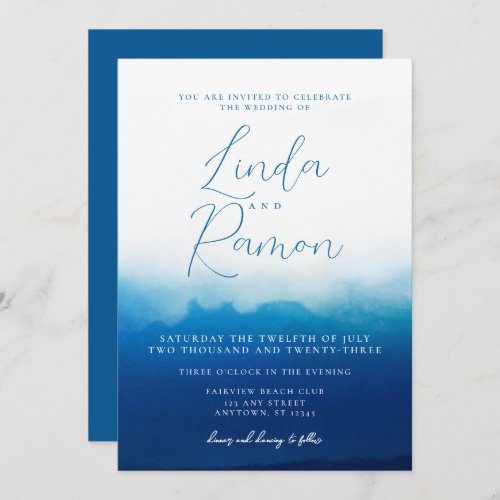 Ocean Waves Beach Nautical Blue Watercolor Wedding Invitation