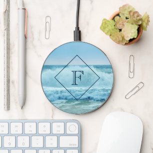 Ocean Waves Beach Photo Monogram Wireless Charger