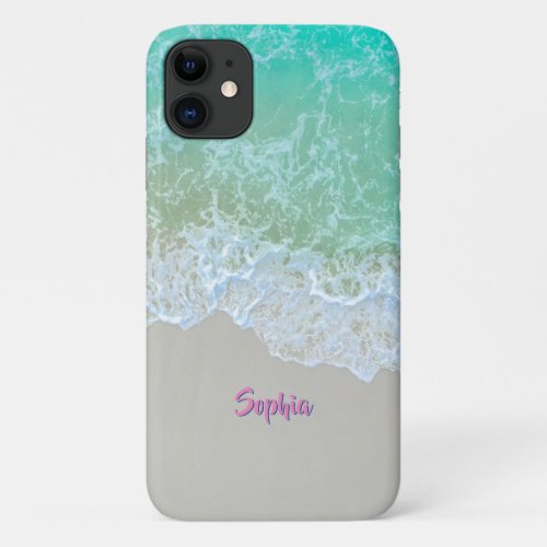 Ocean Waves Beach Sand Pink Script Name iPhone 11 Case
