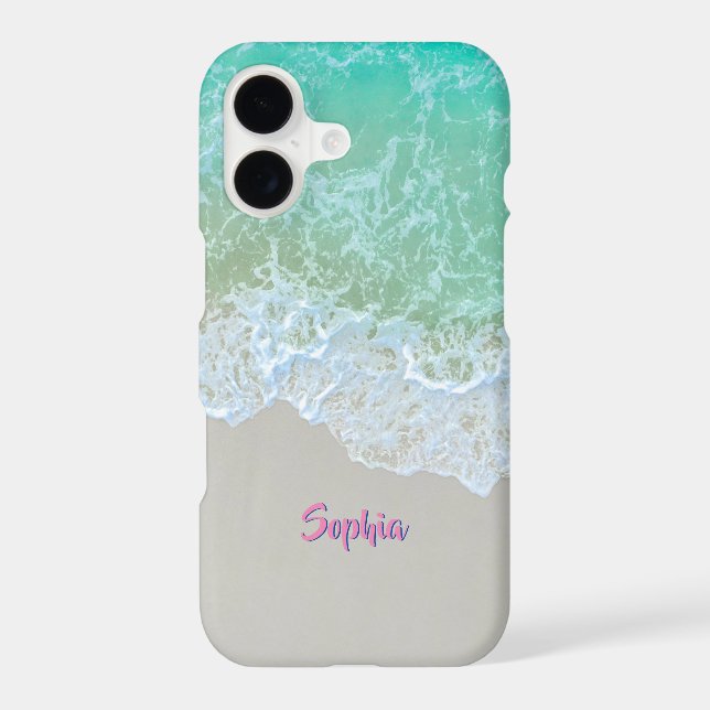 Ocean Waves, Beach Sand, Pink Script Name Iphone Case (Back)