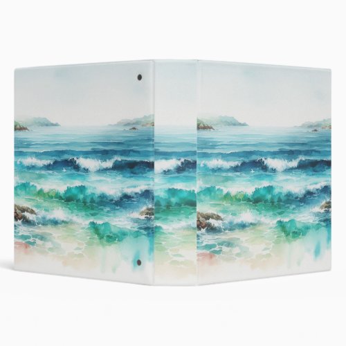 Ocean Waves Beach Watercolor Painting 3 Ring Binder