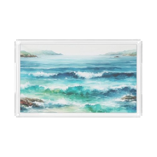 Ocean Waves Beach Watercolor Painting Acrylic Tray