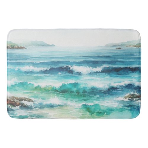 Ocean Waves Beach Watercolor Painting Bath Mat